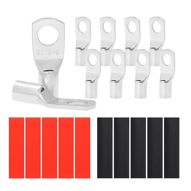 Mamfous 10PCS 8 Gauge Wire Connectors with Heat Shrink Tubing, Battery Terminal Ends, Tinned Copper Ring Terminals for 8 AWG - for Automotive, RV, Solar & Outdoor Power Equipment(SC10-6) - Image 1